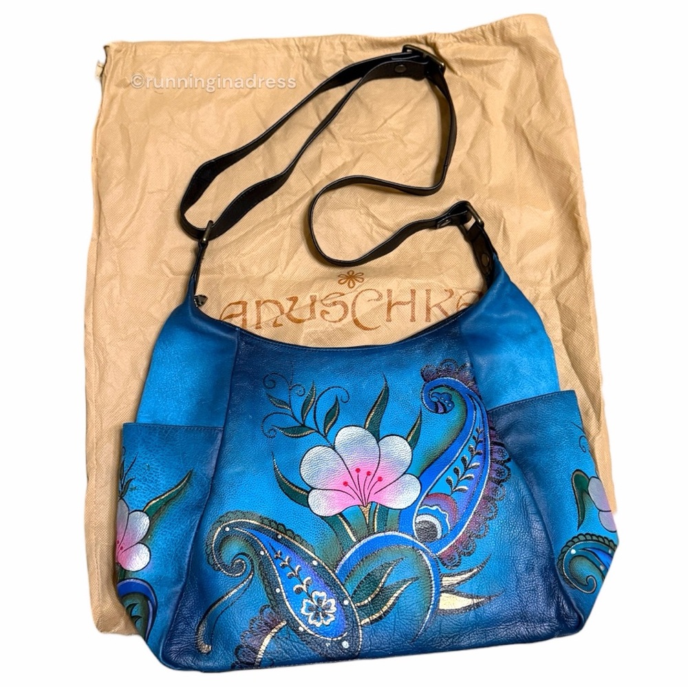 NEW Anuschka Hand Painted Large Multi Pocket Hobo Handbag Denim Paisley Floral - Picture 7 of 16